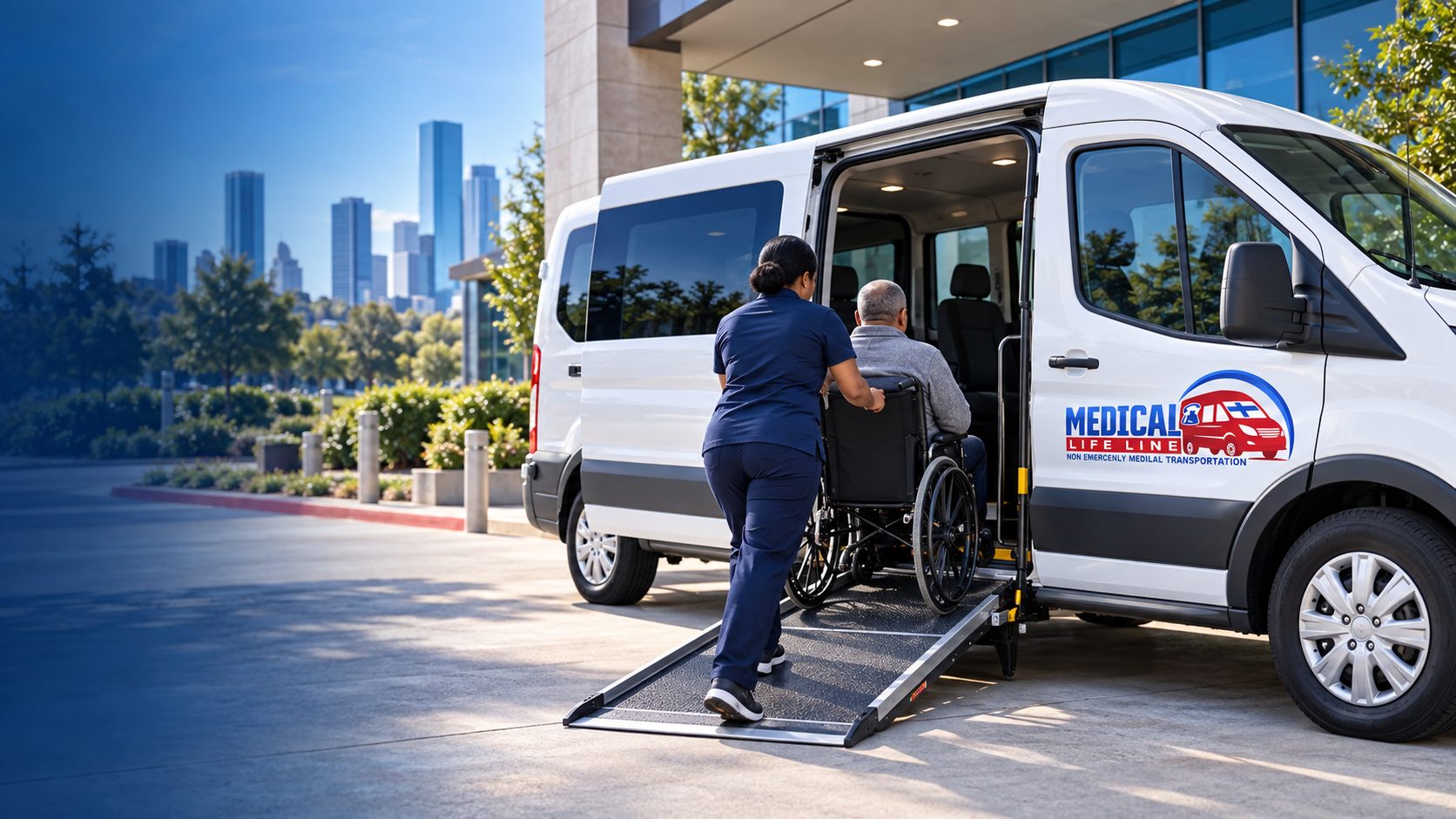 Wheelchair passenger being safely assisted into a Medical Life Line accessible vehicle in Houston